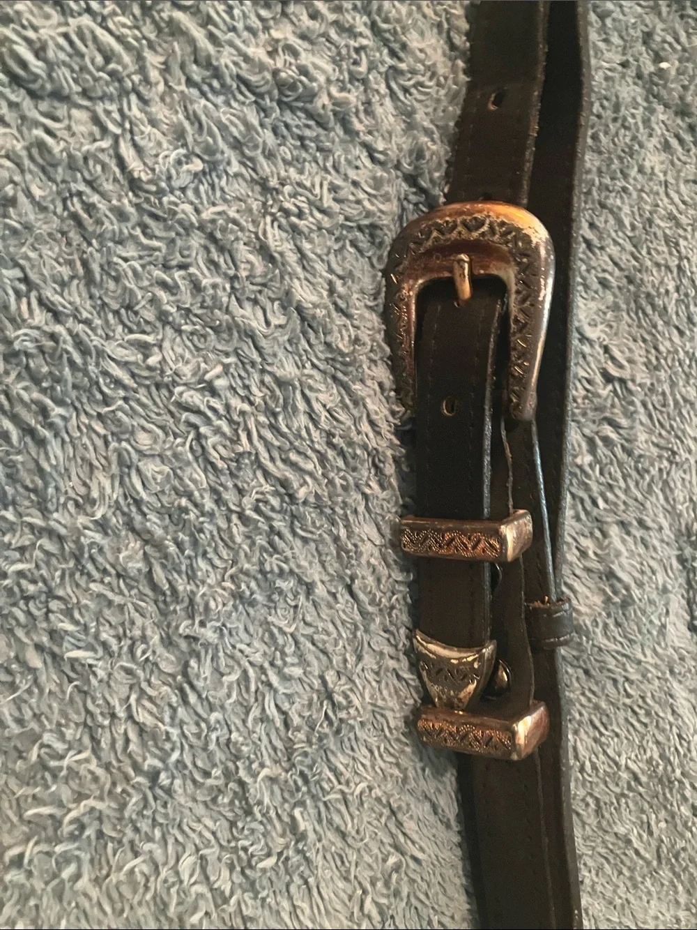 Black Leather Western-style Belt with Engraved Silver Buckles